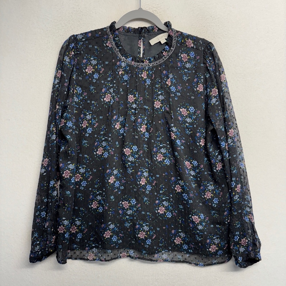 Loft‎ Long Sleeve Floral Blouse Black Swiss Dot